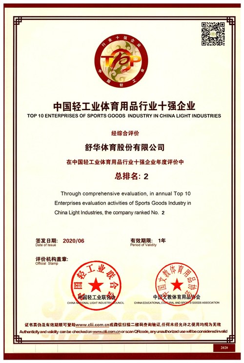 恭贺好博体育代理的品牌-舒华荣获"中国轻工业体育用品行业十强企业"
